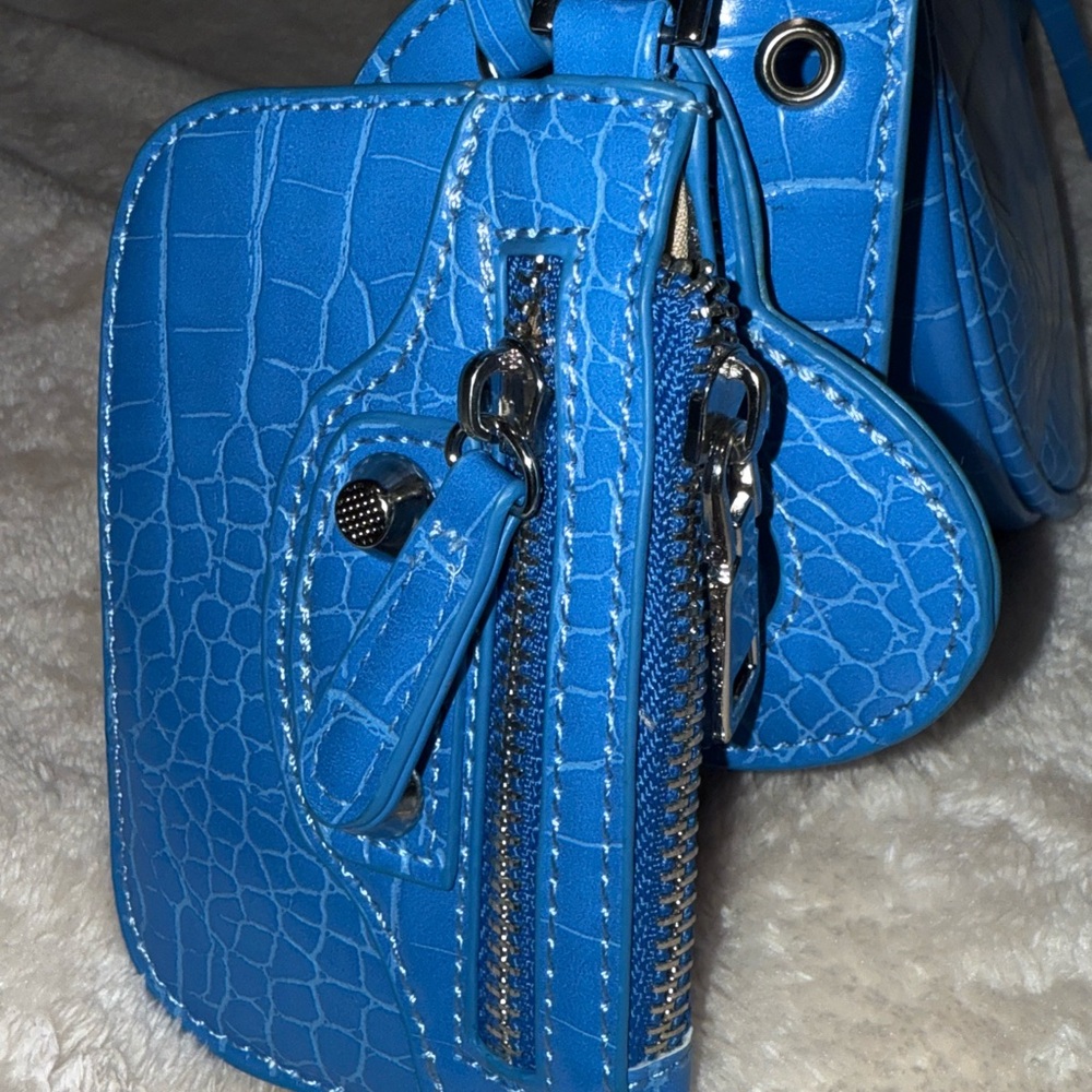 Y2K Grunge Electric Blue Studded Croc Shoulder Bag Attached Heart Mirror Wallet - Picture 6 of 16